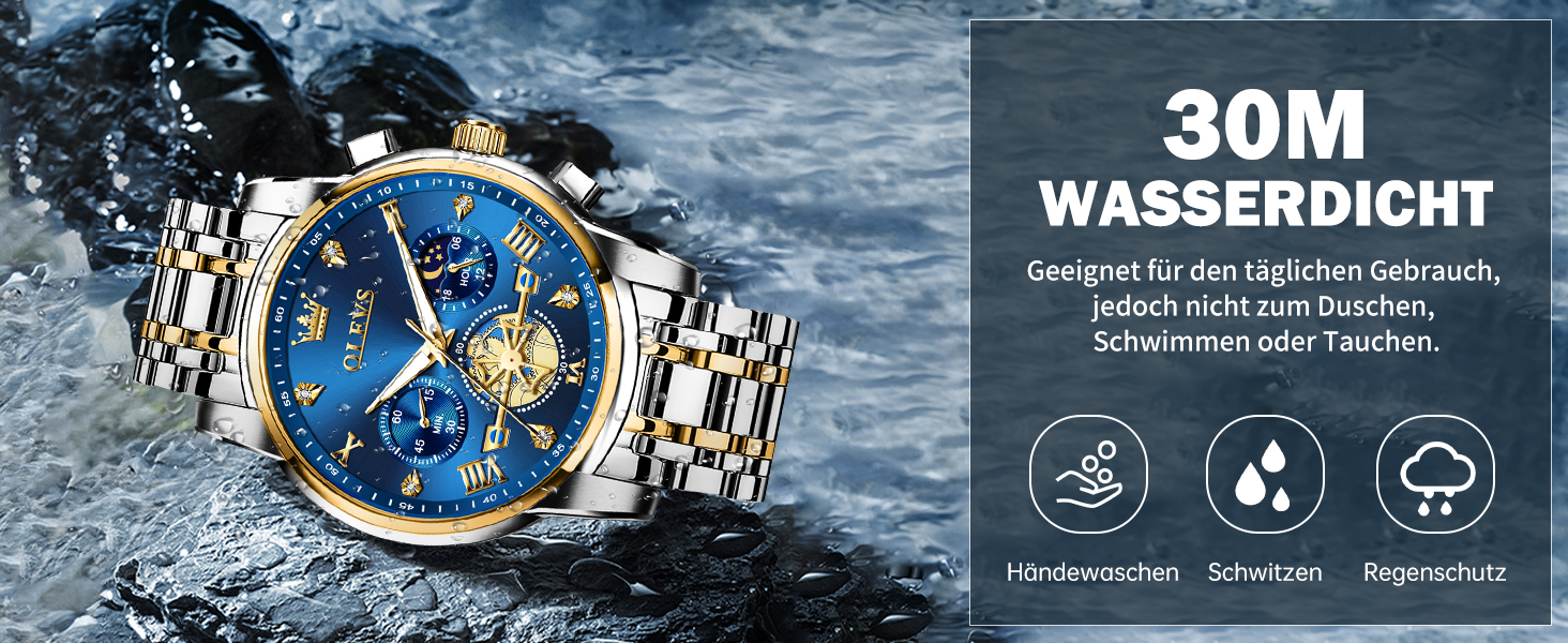 Чоловічий годинник-хронограф OLEVS: водонепроникний кварцовий годинник зі сталевим ремінцем (золото-срібло) та синім циферблатом, бізнес-стиль