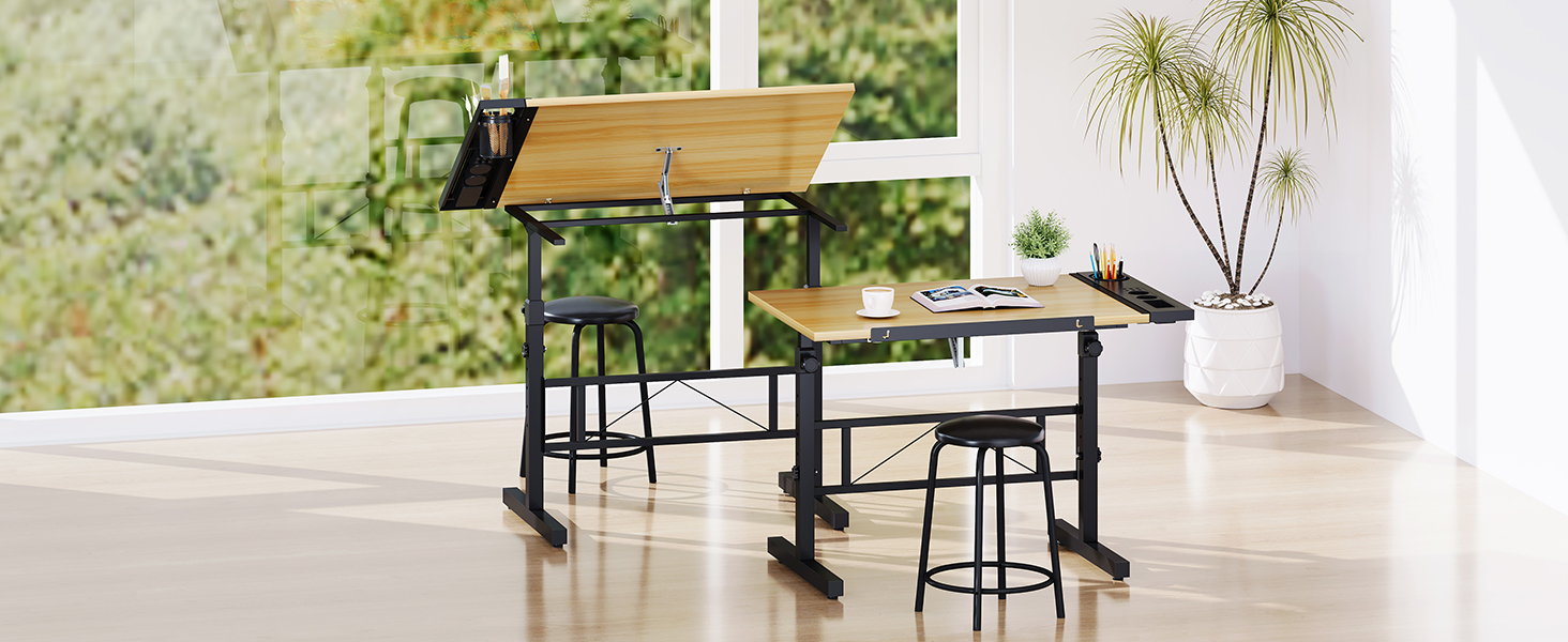 Adjustable Drafting Table with Tilt - 0-60° - Drawing Table, Computer Desk with Stool & Storage Cabinets - Wood Finish