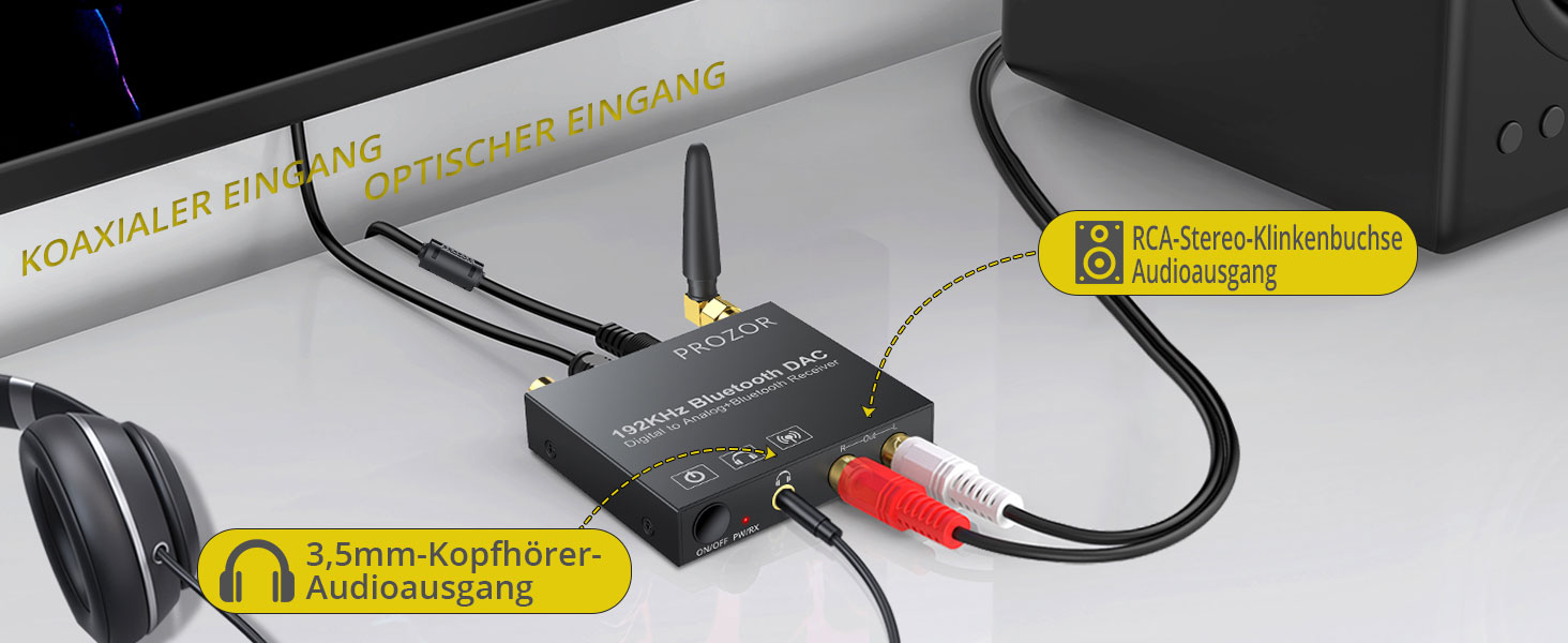 Bluetooth аудіоадаптер PROZOR DAC: Bluetooth приймач з оптичним виходом, Aux/RCA, регулюванням гучності