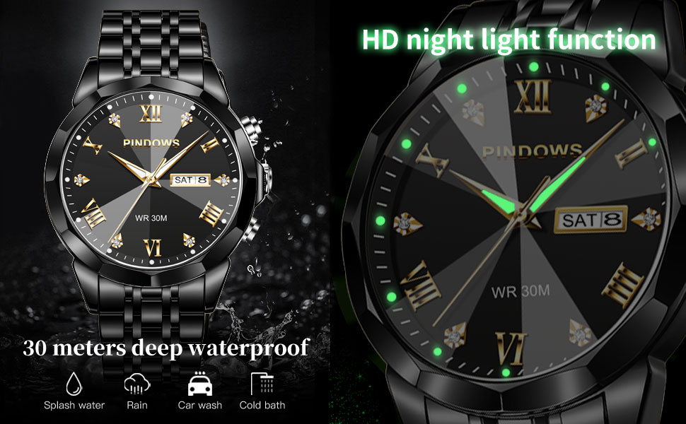 Годинник чоловічий PINDOWS Luxus Quarz аналоговий з датою та великим циферблатом, водостійкий, модний, бізнес-стиль. Елегантний двоколірний годинник з нержавіючої сталі з підсвічуванням календаря De650n1: Чорний