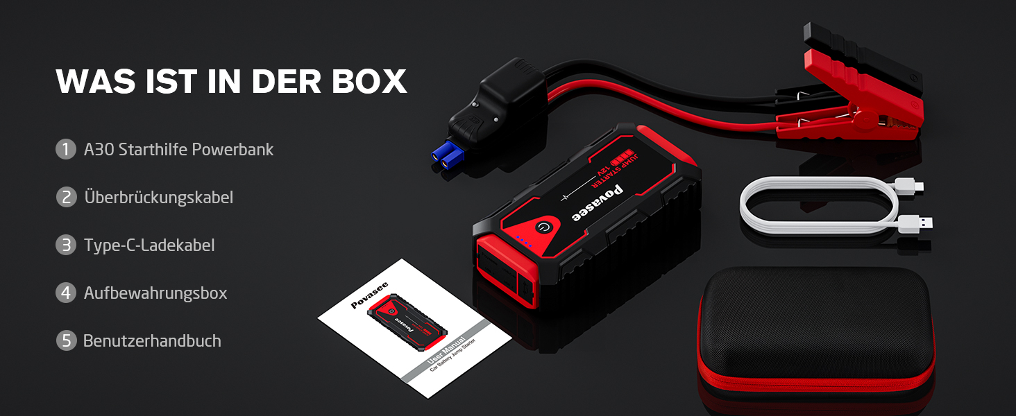 Портативний пусковий пристрій Povasee Starthilfe Powerbank: 5000A для 12V авто (до 10л бензину/8л дизеля), з LED, 2 USB, кабель для підключення