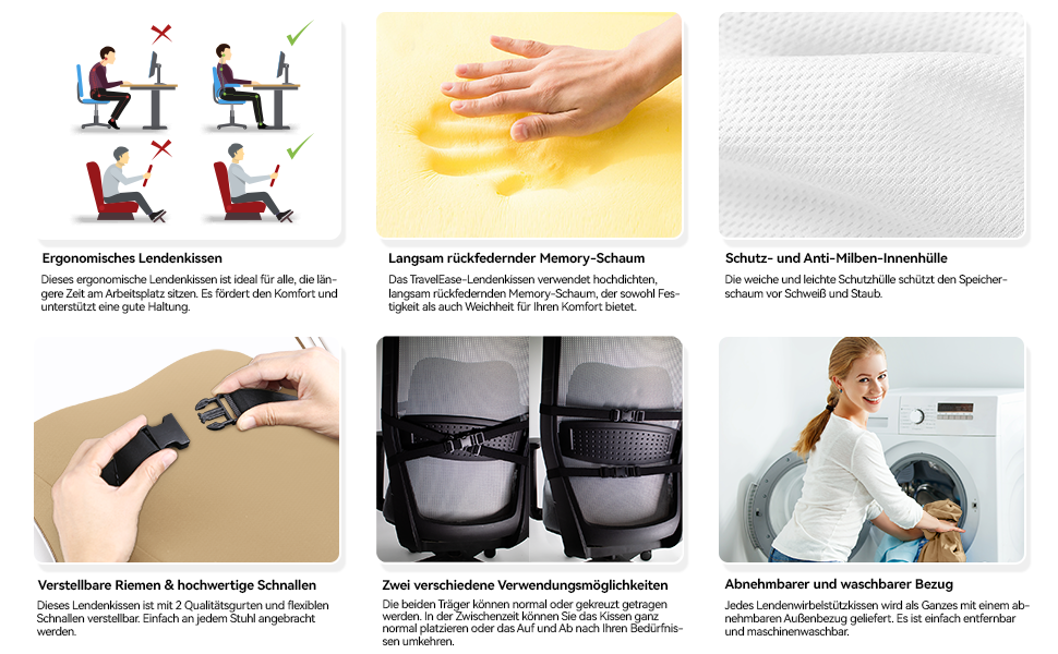 Подушка для спини Ergonomisches RückenKissen Travel Ease з Memory Foam для офісного крісла, з антистатичним, приємним до шкіри чохлом для комфортної посадки (Хакі)