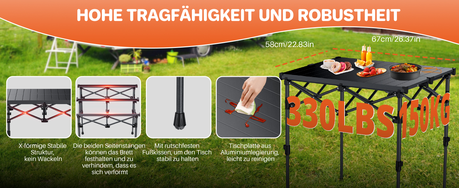 FUNYKICH Складаний столик для кемпінгу 82 x 40 см з регулюванням висоти (44/70 см), легкий та портативний, з сітчастою кишенею, алюмінієва розкладна стільниця для барбекю, кемпінгу, пікніка, саду