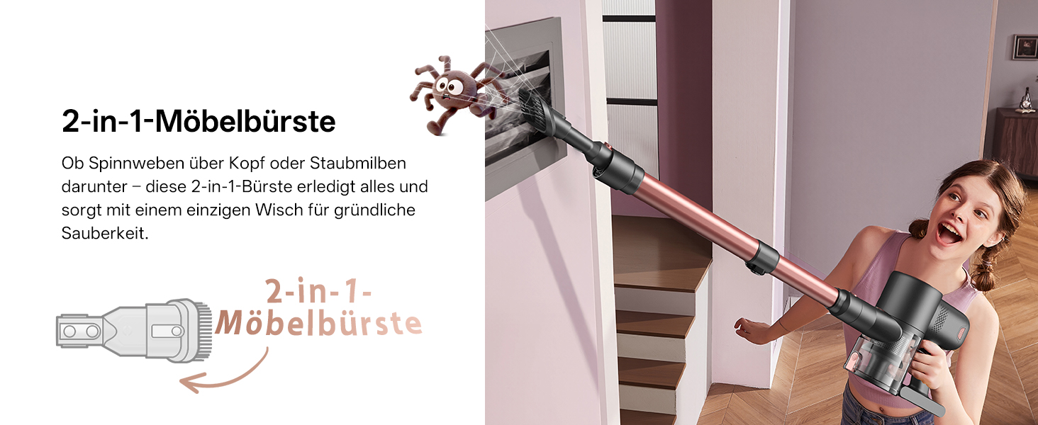 Бездротовий акумуляторний пилосос Vexilar V10PRO 6-в-1 з LED, потужність 450W, час роботи 45 хв, сила всмоктування 45000Pa. Підходить для твердих поверхонь, килимів та видалення шерсті тварин. Компактний, легкий, з телескопічною трубою. Колір: Рожевий.