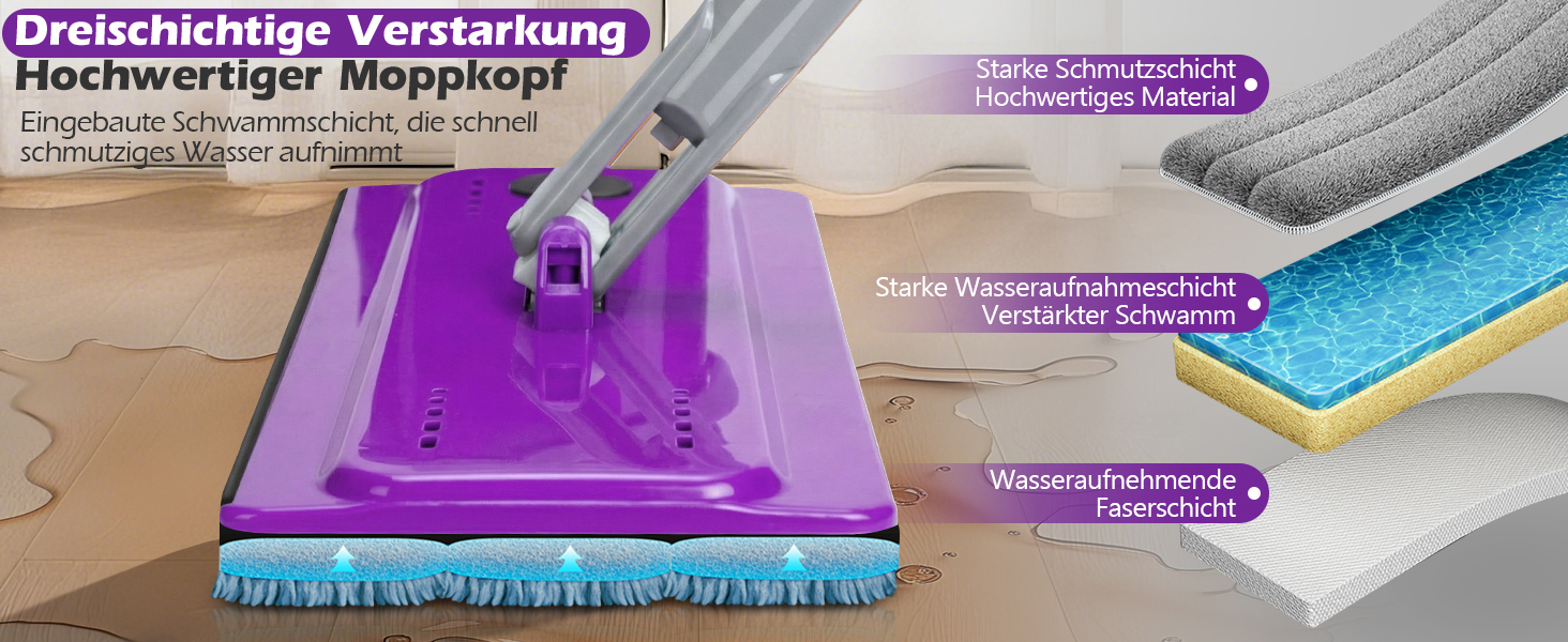 Набір для миття підлоги MASTERTOP з відром, моп з нержавіючою ручкою та 3 насадками, 2 в 1 набір відра та мопа, плоский моп з функцією віджиму для твердої підлоги, ламінату, плитки (Бежевий) (Набір для миття підлоги з відром: Фіолетовий)