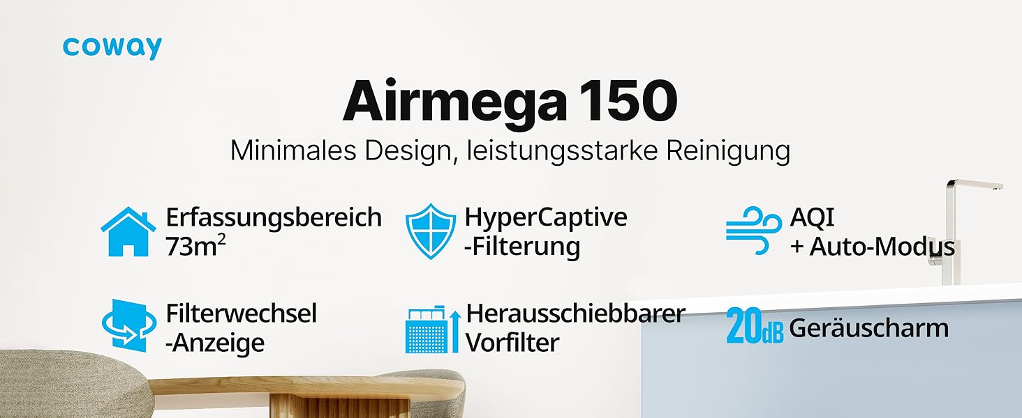 Повітряний очисник COWAY AIRMEGA 150: GreenHEPA™, ECARF, для кімнат до 73 м², білий