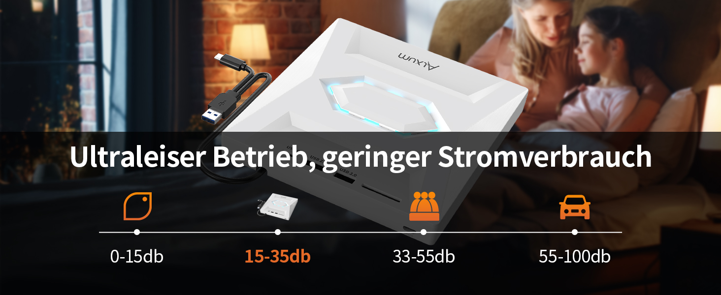 Зовнішній CD/DVD привід Alxum USB 3.0 з картридером SD/TF та додатковим USB-портом, білий