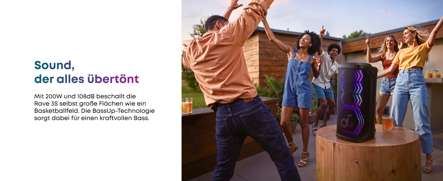 Soundcore PartyBox Rave 3S – портативна колонка з мікрофонами, 200 Вт, Bluetooth, світлодіодна підсвітка, AuraCast, 12 годин роботи, для дому та вулиці