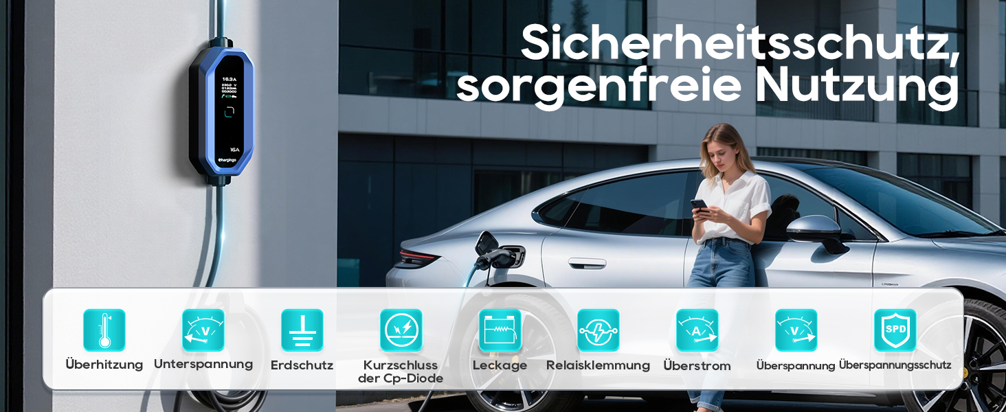 Кабель для зарядки електромобілів Schuko 3.68kW 6-16A з LCD-дисплеєм, 5м, IP65, 16A, для всіх електромобілів (IEC 62196-2, CCS2)