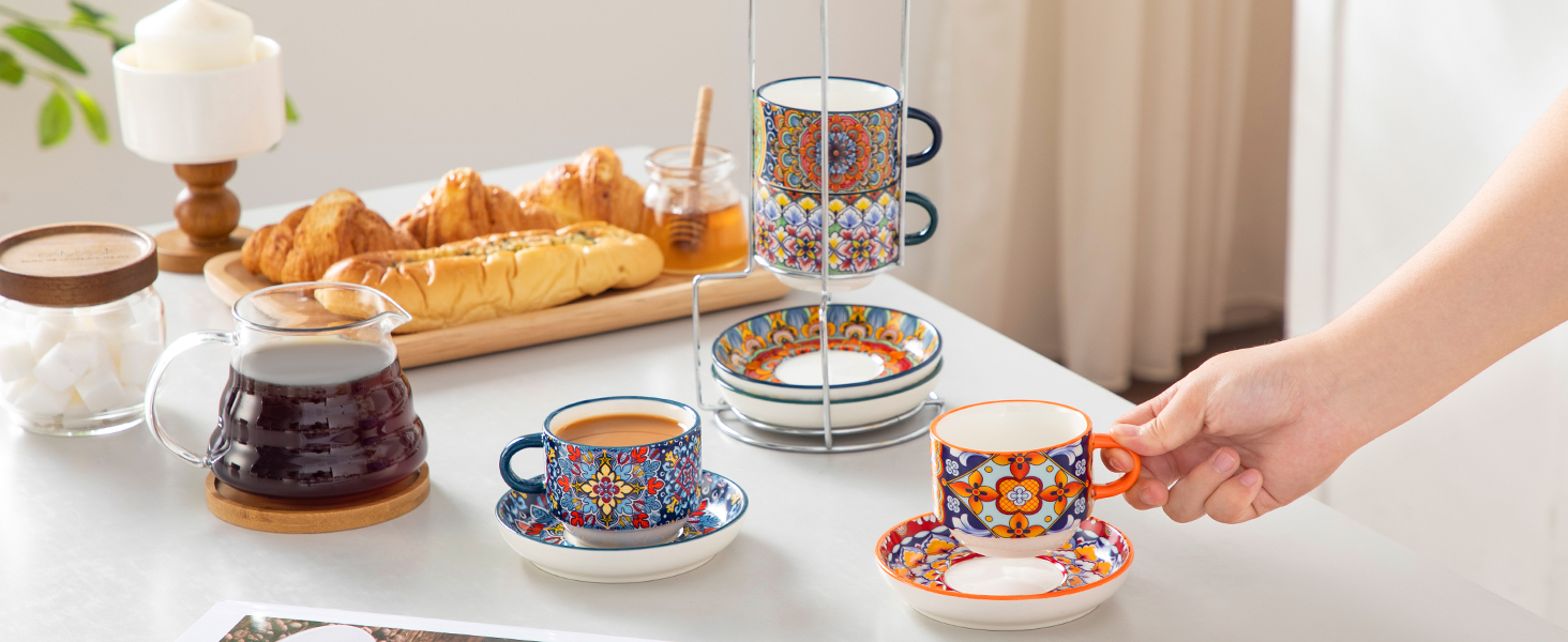 Набір чашок для еспресо Vancasso 4 шт., 150 мл SIMI: чашки з підставками та стійкою, керамічні, для капучино, еспресо, лате