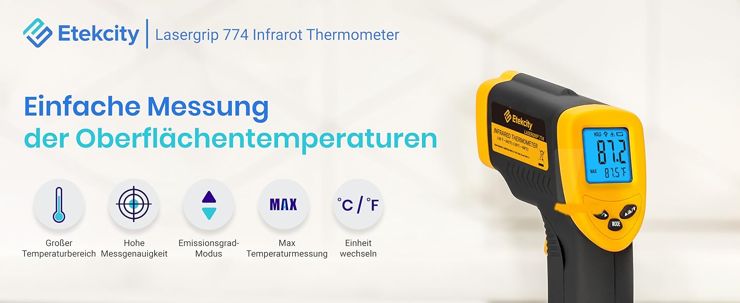 Інфрачервоний термометр Etekcity -50°C до +450°C (лазерний, цифровий) для кухні, піци, гриля, випічки. Не для вимірювання температури тіла. Жовто-чорний