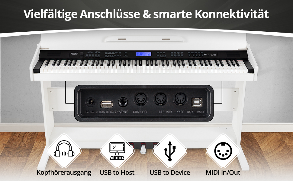 FunKey DP-88 II – цифрове піаніно з 88 клавішами, поліфонія 128, 360 звуків, 160 стилів, MP3-плеєр, функція навчання, запис та відтворення, 3 педалі, білий колір