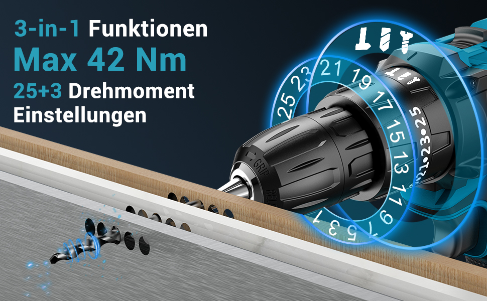 Акумуляторний шуруповерт MHPRO 21V з 2 акумуляторами 2.0Ah, 42Nm, 25+3 ступені крутного моменту, LED, 10мм патрон, 14-ти частинний набір для дому та саду