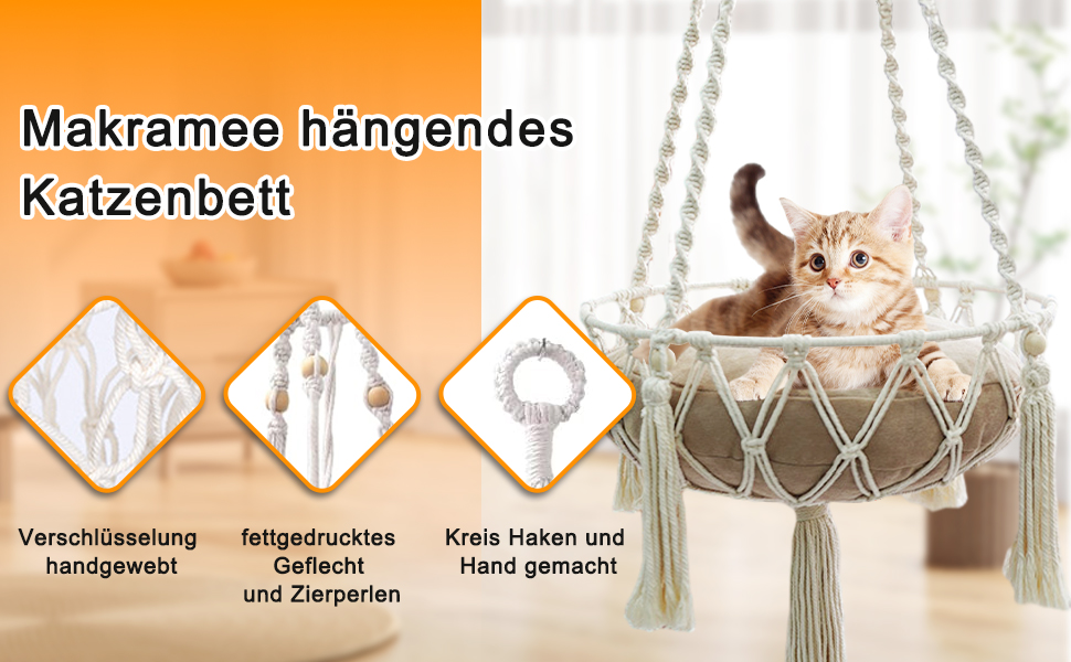 Макраме ліжко для котів, гамак для котів, гойдалка для котів, ручної роботи, підвісні гнізда для котів, діаметр 35 см