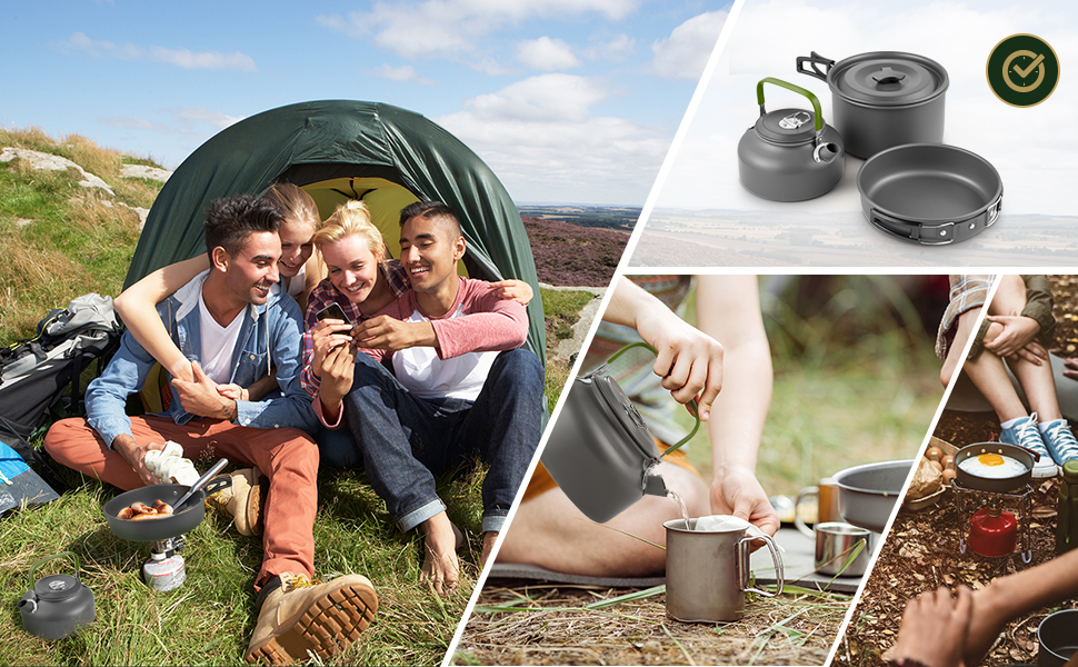 Набір кухонного посуду для кемпінгу AUHOU: портативний набір посуду з алюмінію для пікніків, походів та рюкзакових подорожей