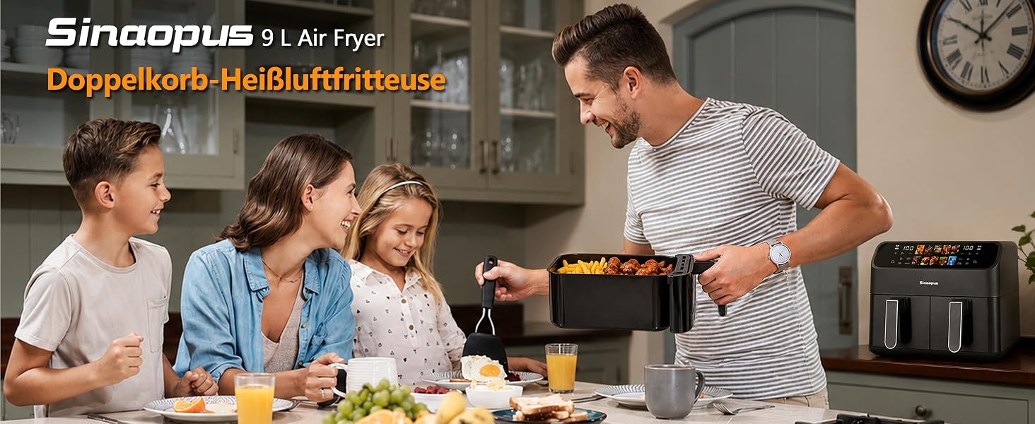 Аерофритюрниця Air Fryer 9л 2000 Вт, двокамерна фритюрниця з гарячим повітрям та термоізольованими ручками, чорна (901-schwarz)