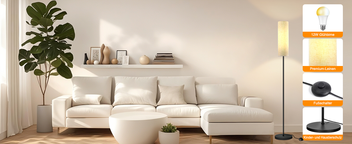 Стійка лампа для вітальні з 3 колірними температурами, 12W E27, бавовняний абажур, вимикач на нозі, LED диммер, підходить для спальні, читання, офісу (сучасний)