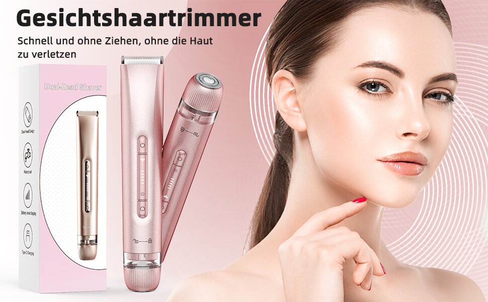 Електричний пристрій для видалення волосся Lady Shaver 2-в-1: електробритва та тример для бікіні. Безболісне видалення волосся для обличчя, тіла, ніг, рук та зони бікіні. IPX7 водонепроникний, рожевий колір.