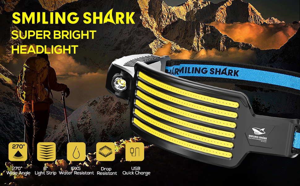 Суперяскрава налобна LED-лампа Smiling Shark, 6 світлодіодів, широкий кут, водонепроникна, акумуляторна, для кемпінгу, бігу, риболовлі