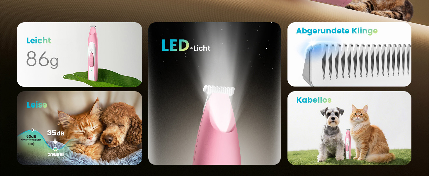 Триммер для собак Oneisall Paw Trim Pro з LED-підсвічуванням, рожевий: безпечна стрижка лап, очей, вух та обличчя