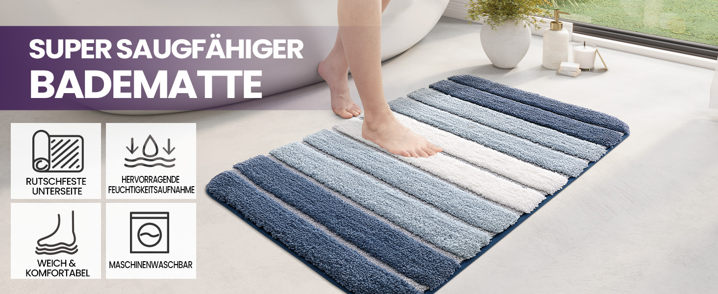 DEXI Non-Slip Bathroom Rug - Absorbent, Washable Bath Mat - 60 x 110 cm - Blue