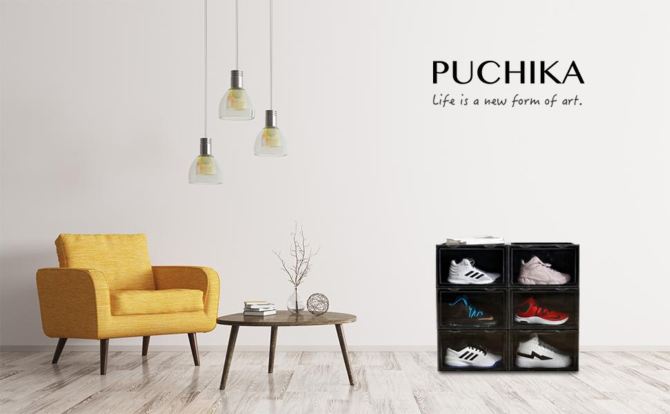 Набір пластикових контейнерів для взуття PUCHIKA (6 шт.), штабельовані коробки з прозорою кришкою, чорні, 36x28x22 см, тип D