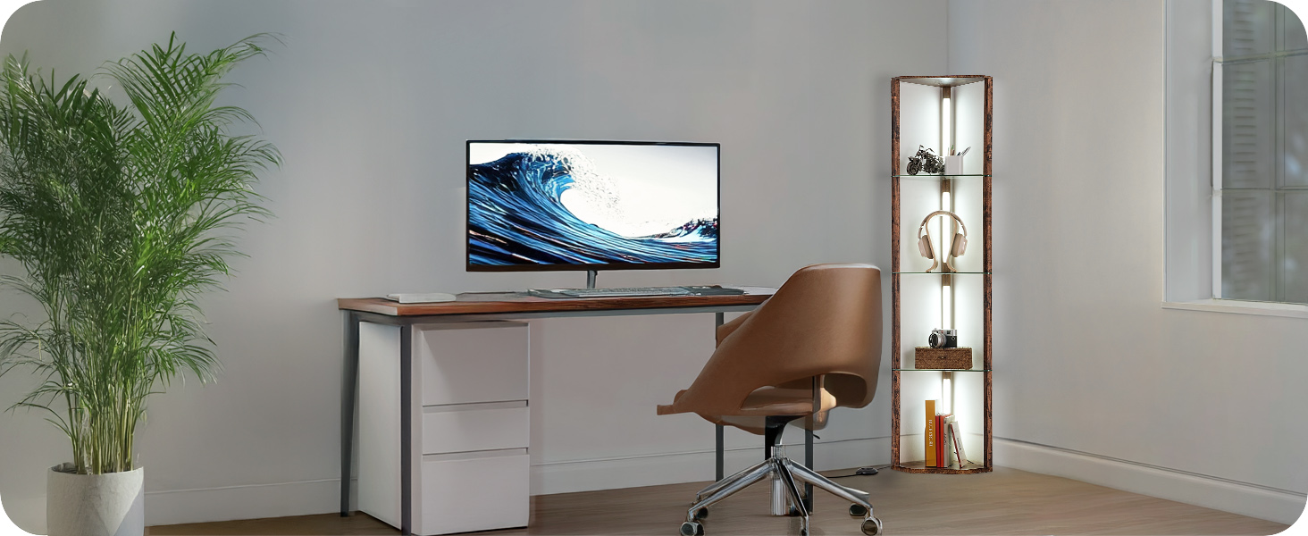 Стійка лампа EDISHINE з 4 полицями з дерева, LED диммер, 3 кольори світла, поворотний світловий маніпулятор, підсвічування полиць, регулювання яскравості, футовий вимикач, для вітальні (Вінтаж-коричневий+скло)