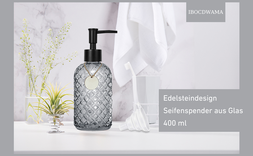 Скляний диспенсер для мила 500 мл з хвильовим дизайном для ванної кімнати та кухні, з чорним насосом, дерев'яними етикетками та воронкою (Charcoal, сірий)