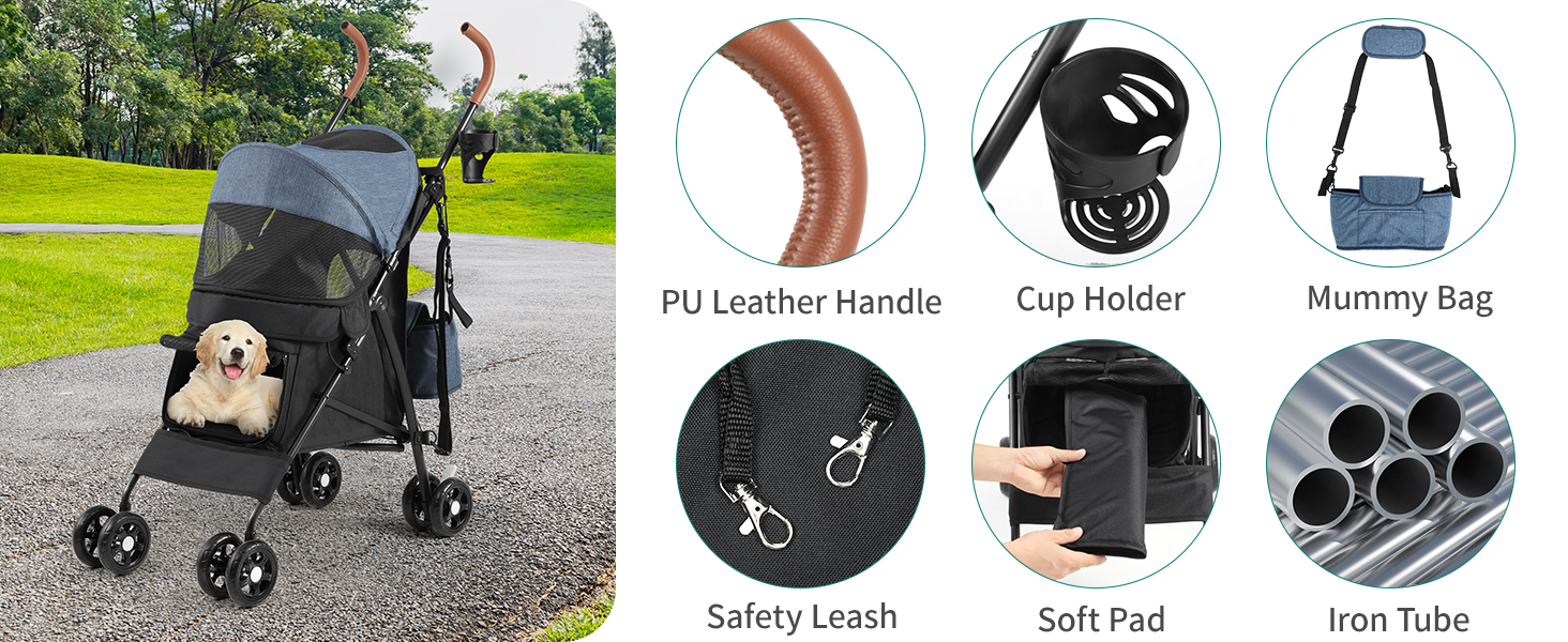 Візок для собак YITAHOME: зручний та функціональний візок для тварин до 11,3 кг з сітчастими віконцями, тримачем для напоїв, кошиком та переносною сумкою (синьо-чорний, з рухомими дверцятами)