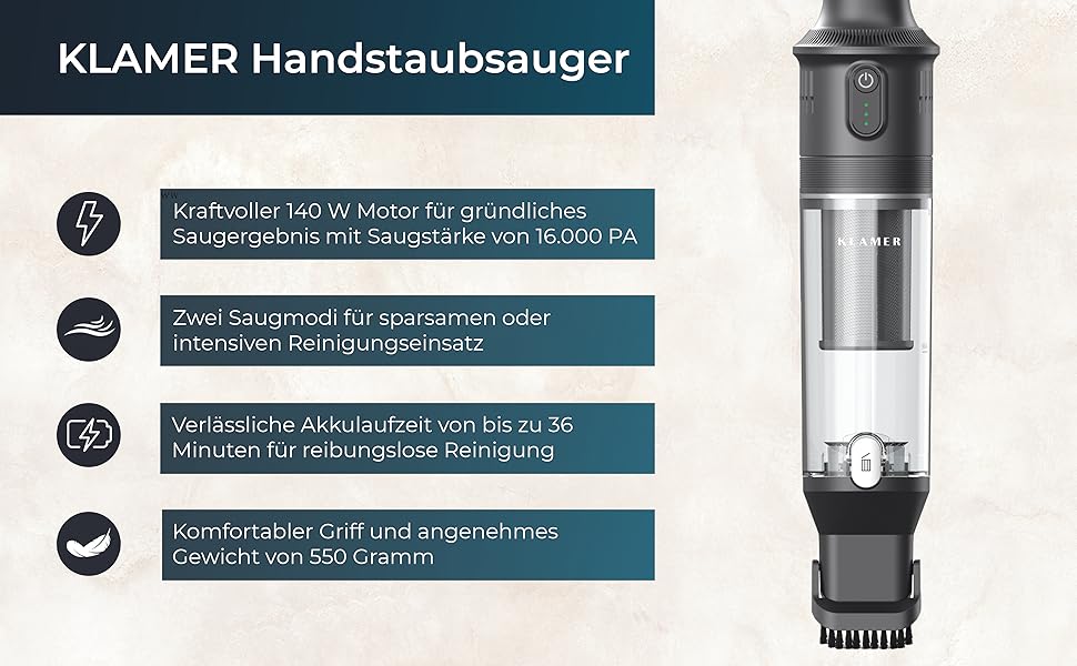 Акумуляторний ручний пилосос KLAMER 140W, 16000 PA, 36 хв роботи, без мішка, для дому, офісу та авто