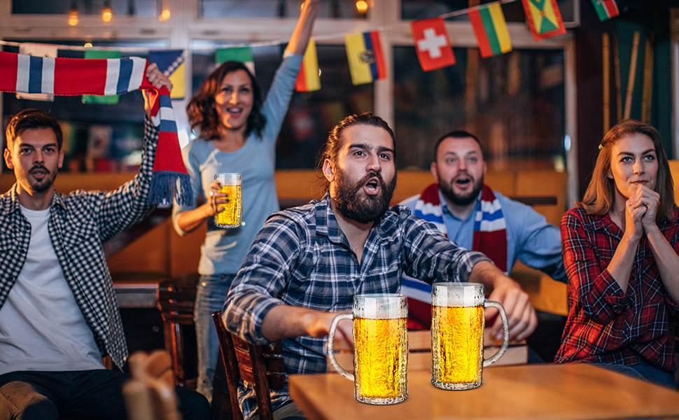 Набір з 2 скляних кружок для пива на 0,58 літра (490 мл) з ручкою, для морозильної камери, ретро стиль, подарунок для чоловіків