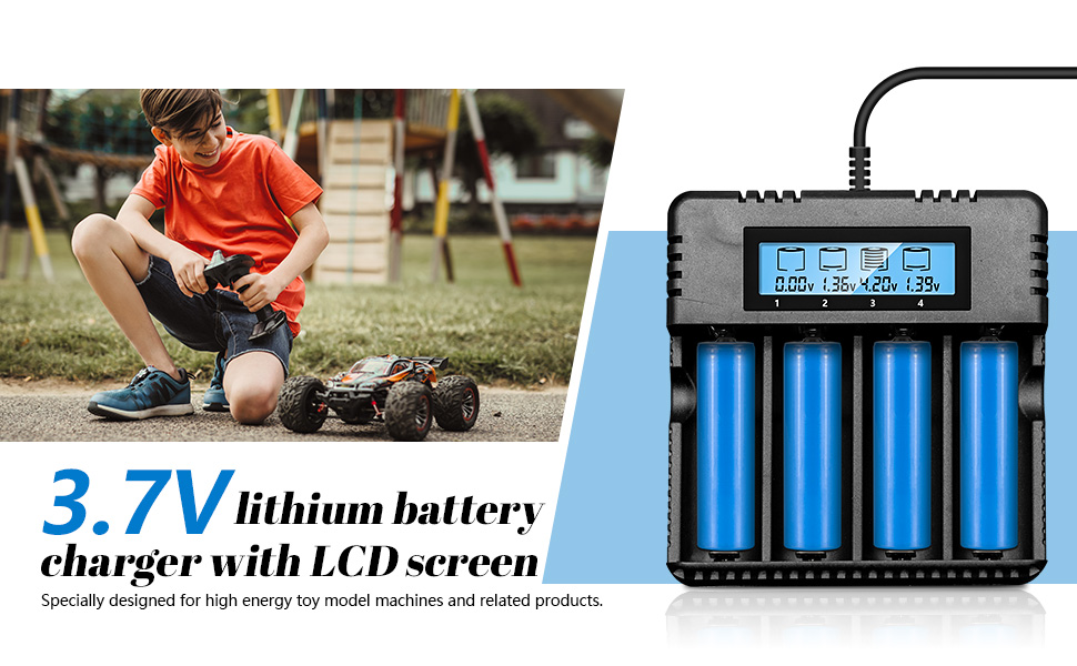 Зарядний пристрій для акумуляторів Li-Ion з LCD-дисплеєм: швидка зарядка 4 слоти, сумісний з 26650/18650/14500/16340