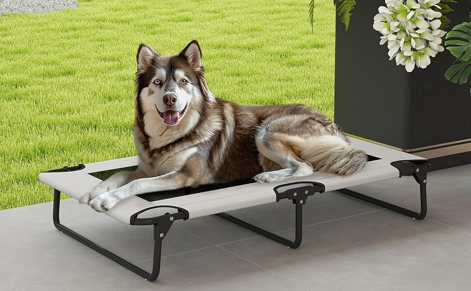 PawHut Лежанка для собак Outdoor, піднята лежанка для великих собак, складана, з сітчастою рамою зі сталі, для відпочинку на вулиці, кемпінгу, 107x61x20 см, сірий колір