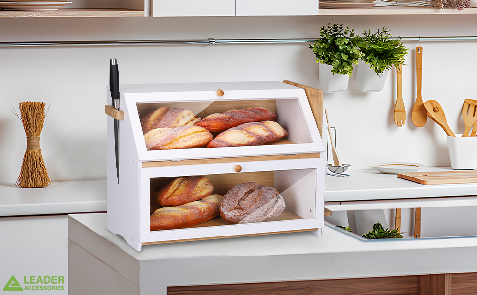 Leader Accessories Бамбуковий хлібний ящик з 2 ярусами, з дощечкою для нарізання, харчовий, легкий у догляді, 50x25x37 см, білий