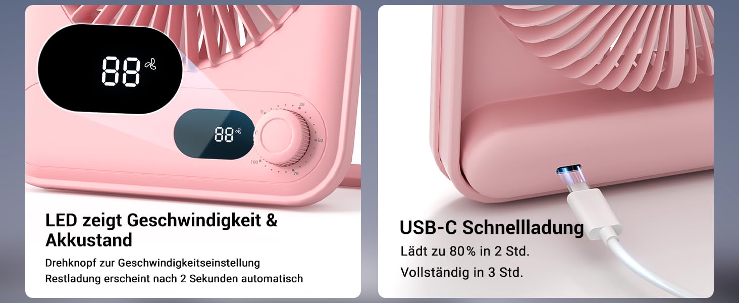 USB вентилятор WHATOOK: безшумний, з регулюванням швидкості 1-100, акумуляторний, з LED-дисплеєм, портативний, компактний, для офісу, дому, кемпінгу, подорожей (5000mAh, рожевий & фіолетовий)