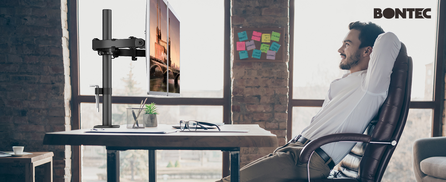 Підставка для монітора BONTEC для 2 моніторів 13-27 дюймів (плоскі та вигнуті), регульована по висоті, нахил, поворот, оберт, чорний, VESA 75x75/100x100, 10 кг/arm
