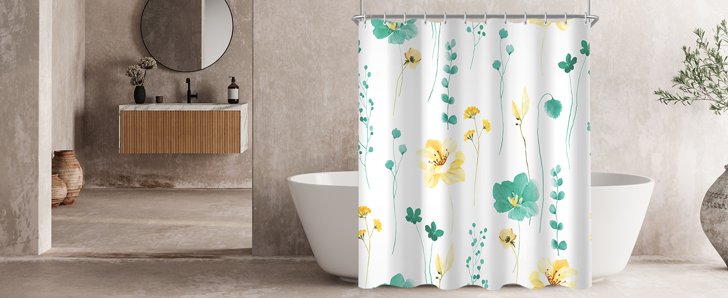 Штора для ванної кімнати 240x200 см, квіти, антигрибкова, водовідштовхувальна, поліестер, з кільцями для душу (М'ятний)