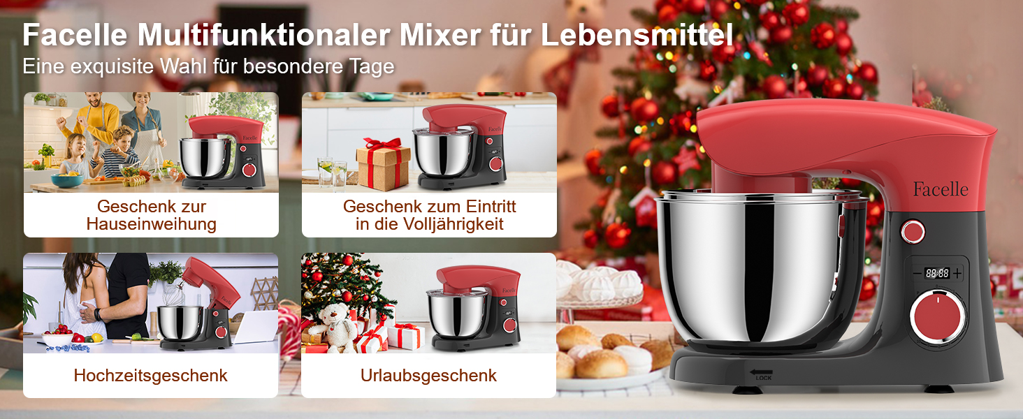 Кухонна машина-міксер Facelle 1500W з 5.5L та 4.5L чашами, 10+ програм, тиха робота, з набором насадок (червоно-сіра)