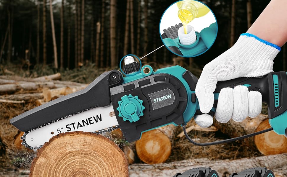 Міні-бензопила STANEW з 2 акумуляторами 2000mAh та зарядним пристроєм, 6 та 8 дюймів, 600W безщітковий двигун, для догляду за садом, обрізки дерев та роботи з деревом. Стандартна комплектація