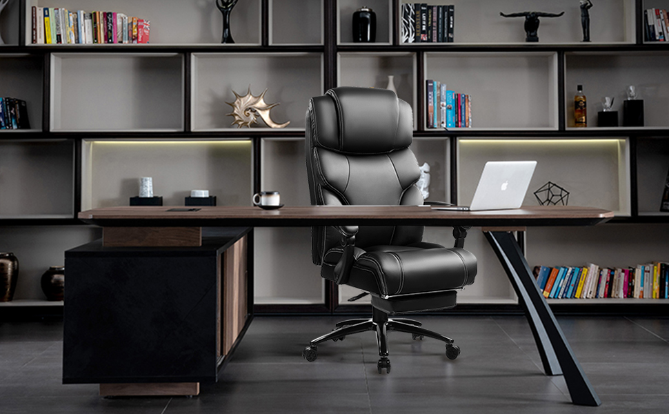 KCREAM Ergonomic Leather Office Chair with Footrest - High Back Executive Desk Chair, Adjustable Armrests, Swivel, Height Adjustable (Black)