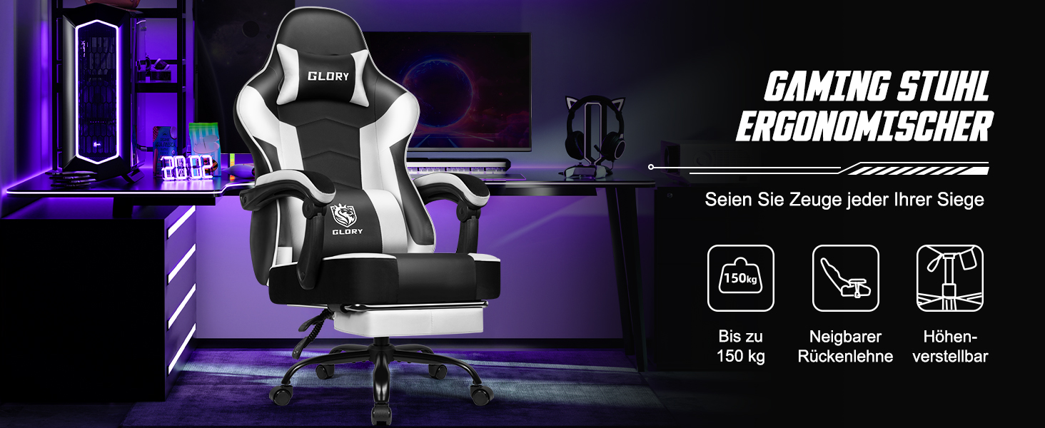 Геймерське крісло з підставкою для ніг, біле, до 150 кг - Ergonomischer Gaming Stuhl