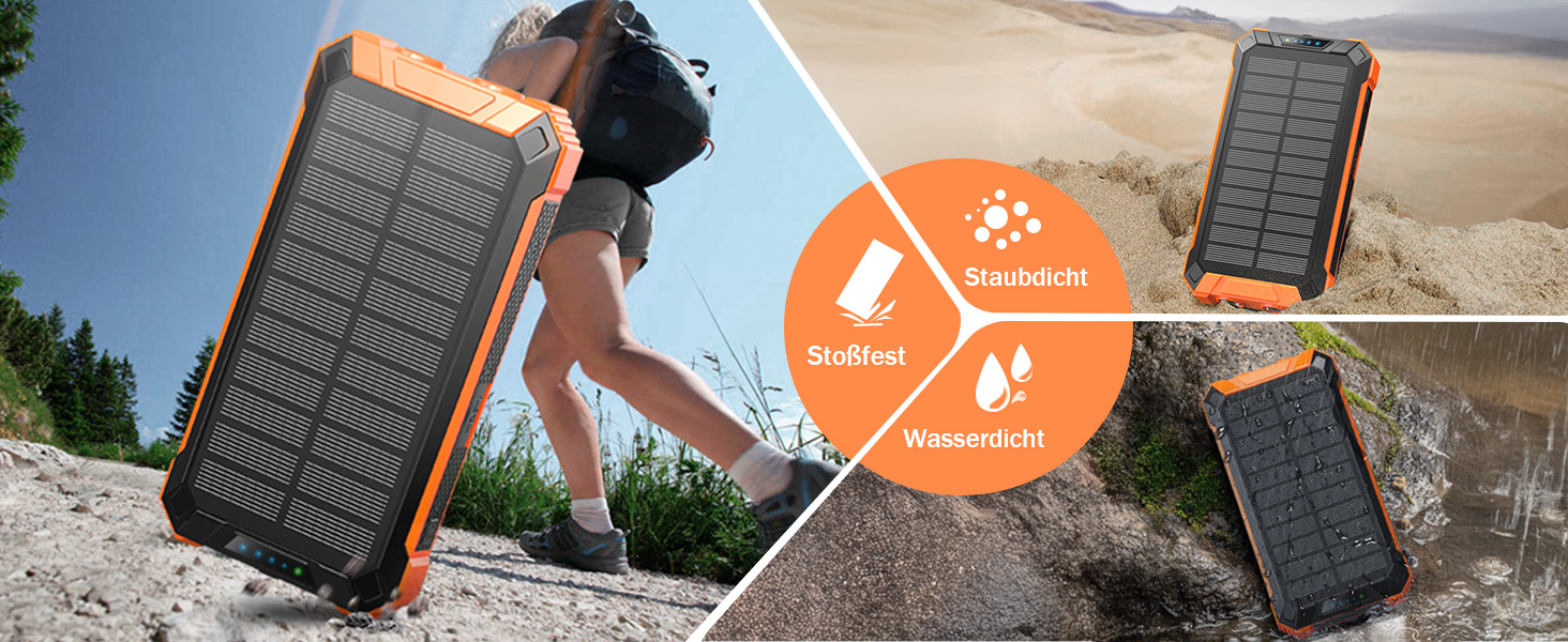 Power Bank Solar GOODaaa 26800mAh з 6 виходами, 4 входами, 15W, для мобільних пристроїв, з ліхтариком та карабіном (Оранжевий)