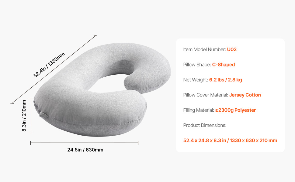 Подушка для вагітних VEVOR C-подібної форми, 133x63x21 см, знімний та пральний чохол, підтримка спини, живота, стегон та ніг