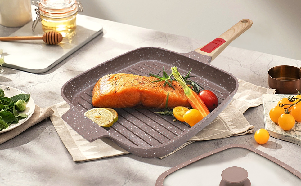 Гриль-сковорода з кришкою 26x24 см з керамічним антипригарним покриттям, знімною ручкою (Коричнева)