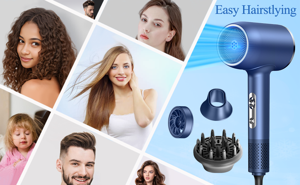 loevely Pink 2400W Ionic Hair Dryer - Fast Drying, Diffuser & Concentrator Nozzle, Constant Temperature, Professional Hair Dryer for Home & Salon Use (Blue)