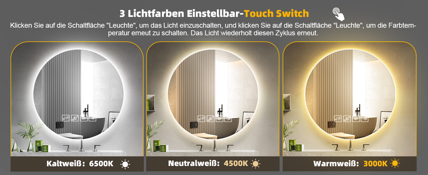 Дзеркало для ванної кімнати Viugreum з підсвічуванням 50x75 см, овальне LED дзеркало, регульована яскравість, 3 кольори світла, проти запотівання, годинник, сенсорне управління, LED дзеркало для ванної кімнати, вітальні