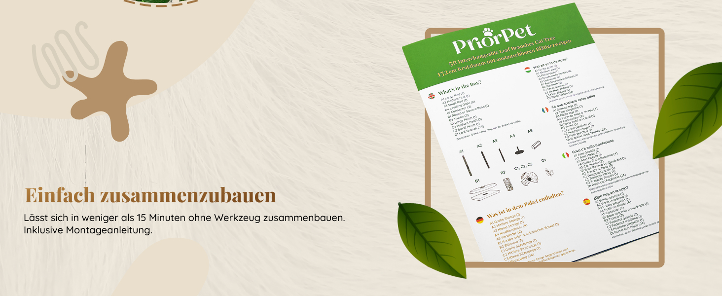 Дерево для котів з листям – Стабільний та компактний – 4 поверхні для дряпання та 3 стовпчики – Ідеально для лазіння, ховання та сну – Легка збірка – Безпечний та довговічний cat tree з натуральних матеріалів