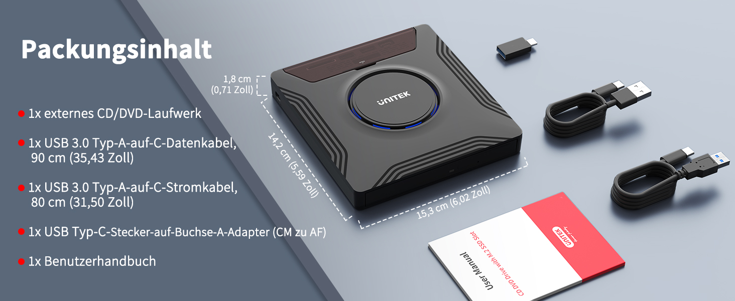 Зовнішній CD/DVD привід UNITEK USB-C, портативний DVD-плеєр з картридером SD, USB 3.0 Hub та CD-ROM записником для ноутбуків, ПК, Windows, Linux, macOS (чорний)
