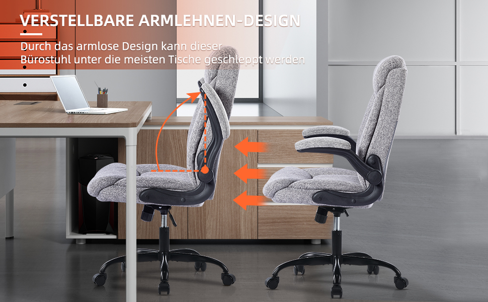 Ергономічне крісло для офісу та дому: обертове крісло з підйомними підлокітниками, регульоване по висоті, сіре, тканина