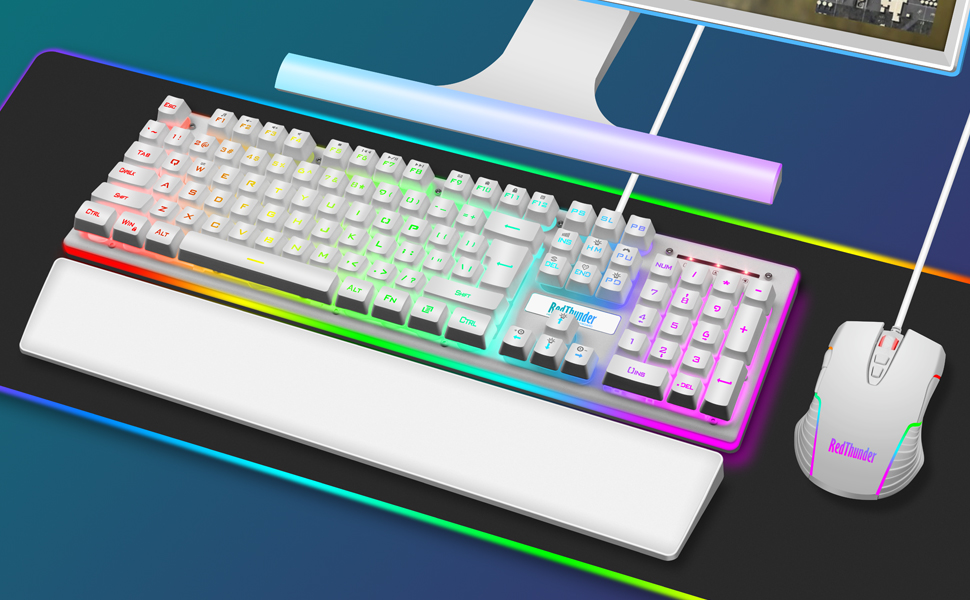 RedThunder K10 Ігровий Набір Клавіатура та Миша, QWERTZ DE-розкладка, Металева Пластина та Підставка для Руки, RGB-підсвічування та 7D, Ергономічний для ПК Геймерів (Білий)